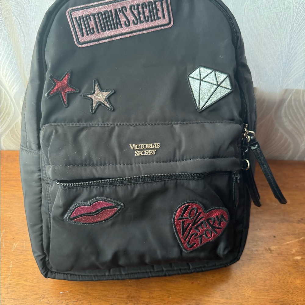 Victoria's Secret Black Backpack with Embroidered Patches used